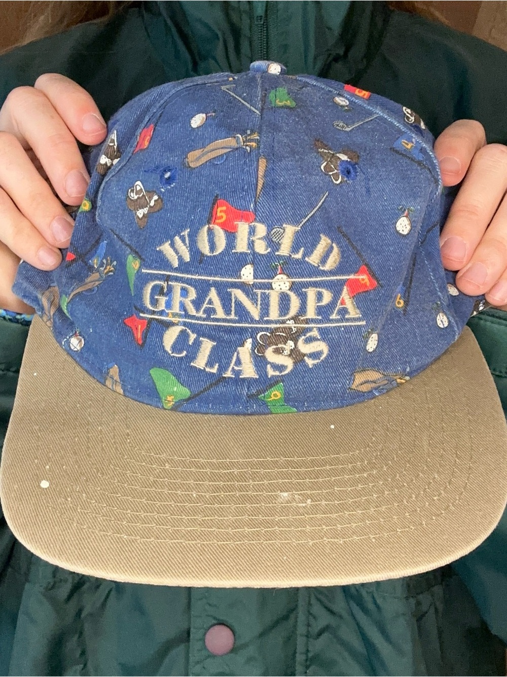 Vintage “World Class Grandpa” Golf Print Snapback Novelty Cap